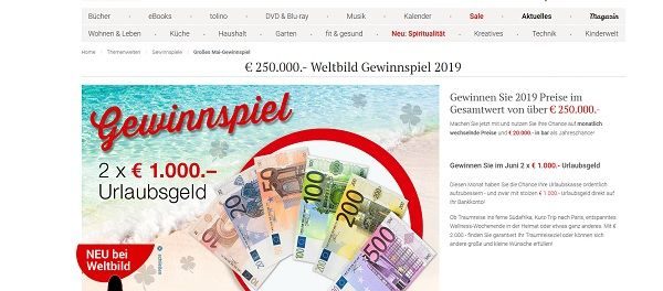 Urlaubsgeld Gewinnspiel Weltbild Verlag 2 mal 1.000 Euro Bargeld