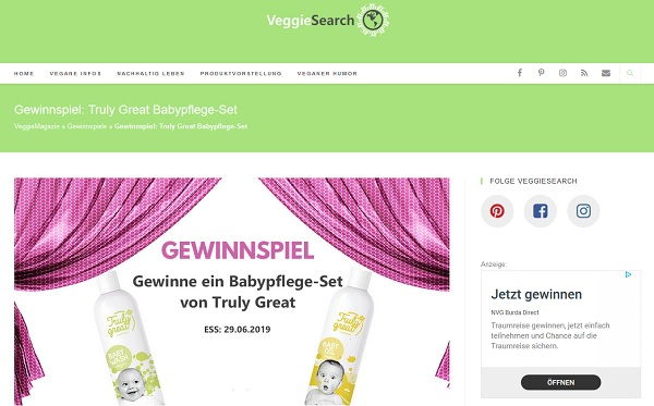 VeggieSearch Gewinnspiel Babypflege-Sets von Truly Great gewinnen