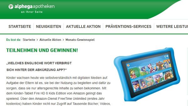 Alphega Apotheken Gewinnspiel Kinder Tablet Fire HD von Amazon