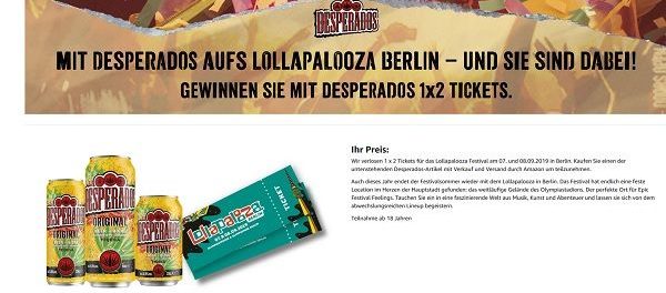 Amazon Gewinnspiel Lollapalooza Tickets Verlosung Desperados