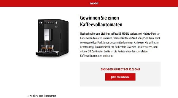 DB Mobil Gewinnspiel 2 Melitta Purista Kaffeevollautomaten