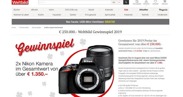 Weltbild Gewinnspiel 2019 – 2 Nikon D3500 Spiegelreflexkameras