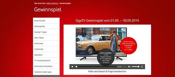 Vodafone Gewinnspiel Sony 4k Fernseher im Wert von 1.000 Euro