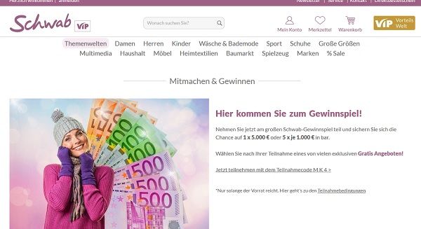 Schwab Versand Gewinnspiele 5.000 Euro Bargeld gewinnen