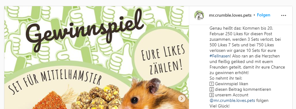 Mr. Crumble Gewinnspiel auf Instagram: Futtersets für Hamster gewinnen