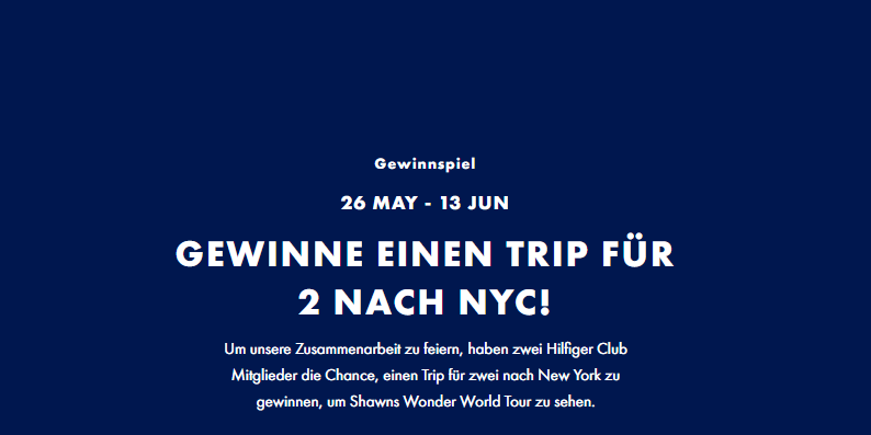 Tommy Hilfiger Gewinnspiel inkl. Tickets für Shawn Mendes Konzert: Reise für 2 Pers. nach New York mit Übernachtung, Frühstück und Transfer